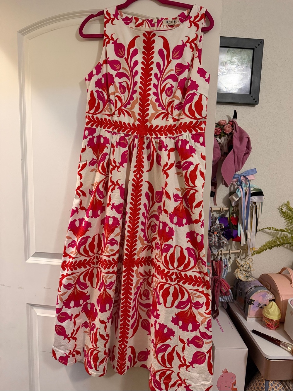 Boden White Maxi Dress with Pink & Red Floral Motif